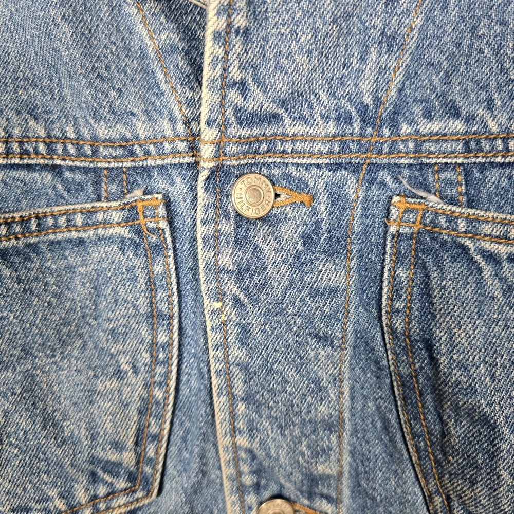 Vintage 90s Tommy Hilfiger Denim Jacket Mens Large Blue Jean Crest Logo Pockets - Picture 3 of 8